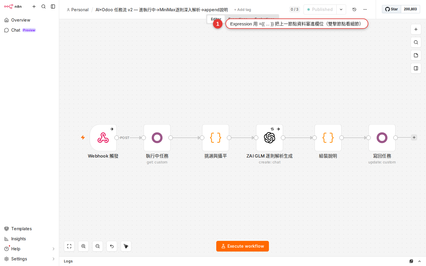 The AI to Odoo task flow v2 workflow, with expression references inside