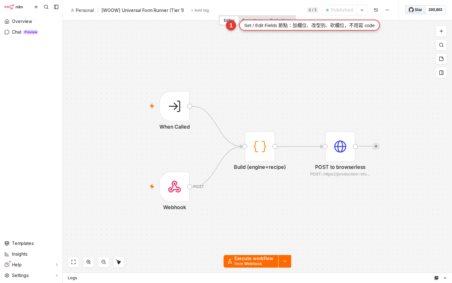 The four-node Universal Form Runner workflow, showing how Set/Edit Fields is used